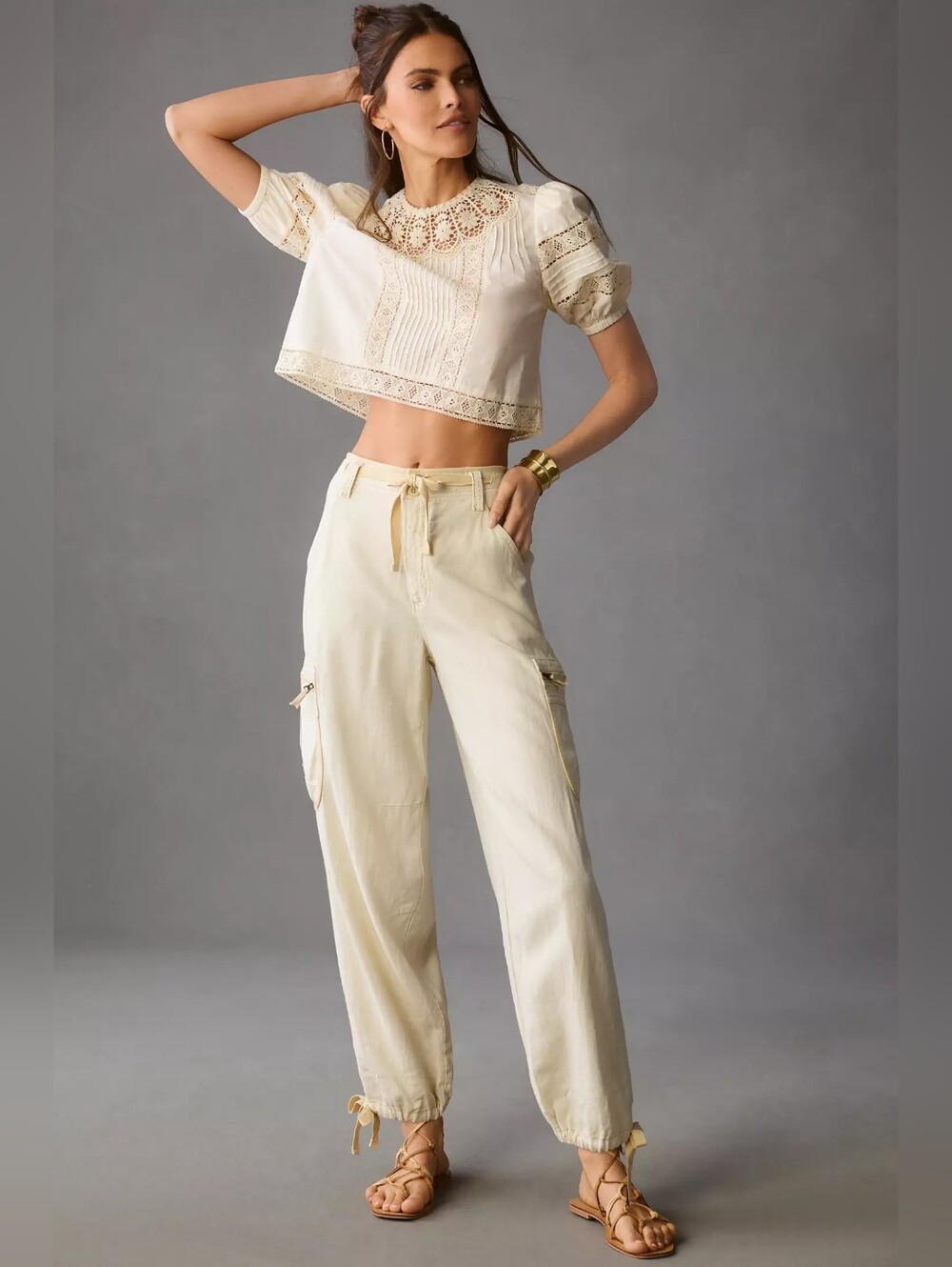 Pilcro Anthropologie Drawstring Cargo Jogger Pants Sz 27 Cream